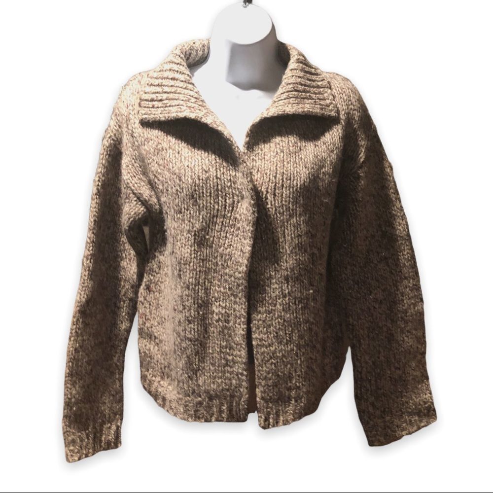 Express Wool Collared Knit Cardigan in Speckled Beige Size Small Single Button